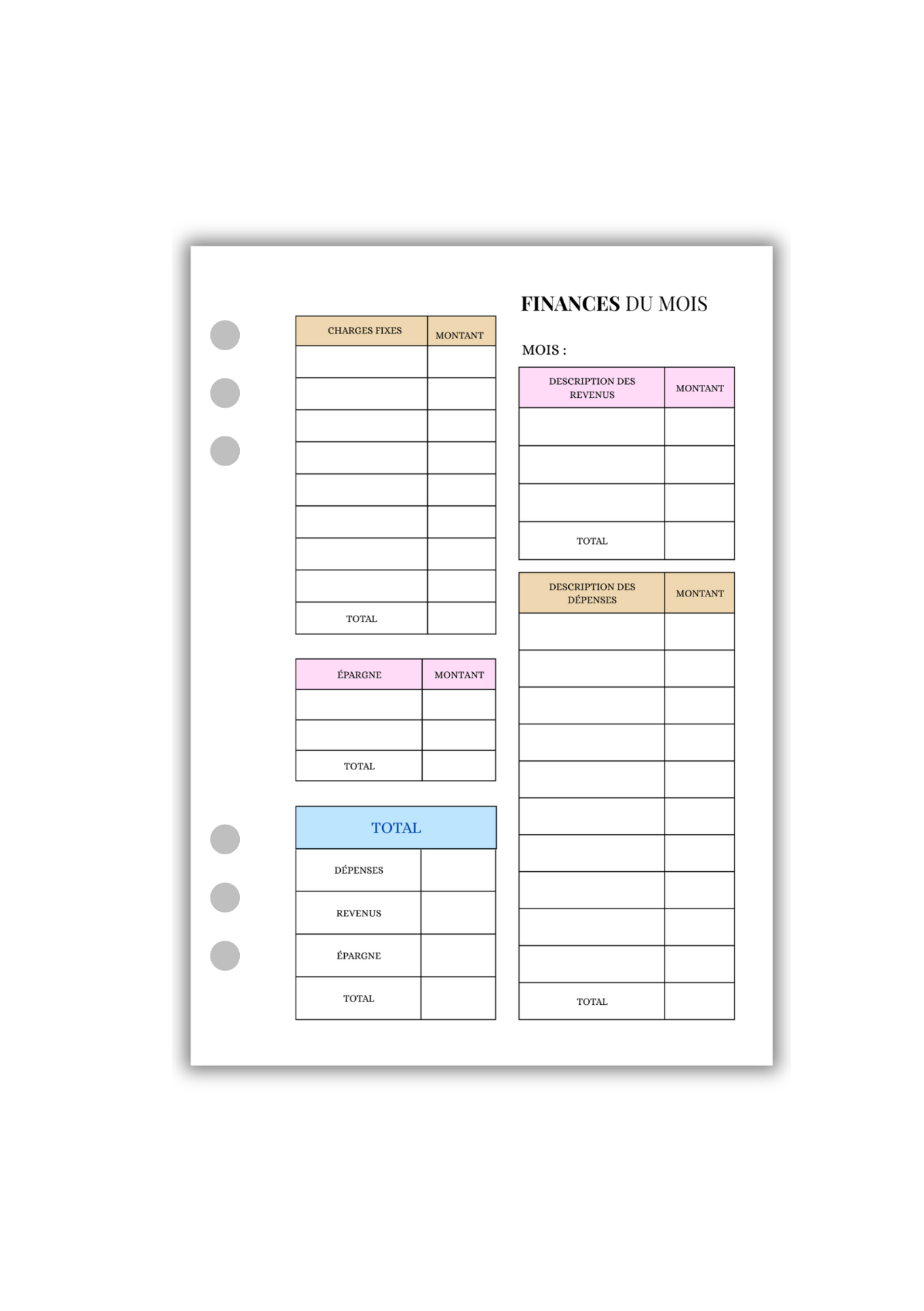 Page Finances du Mois