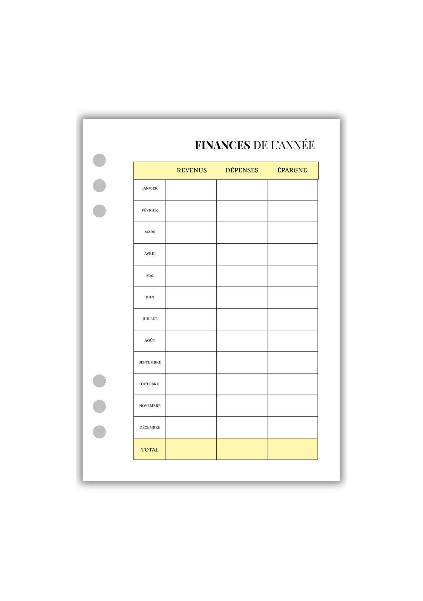 Page finances de l'année